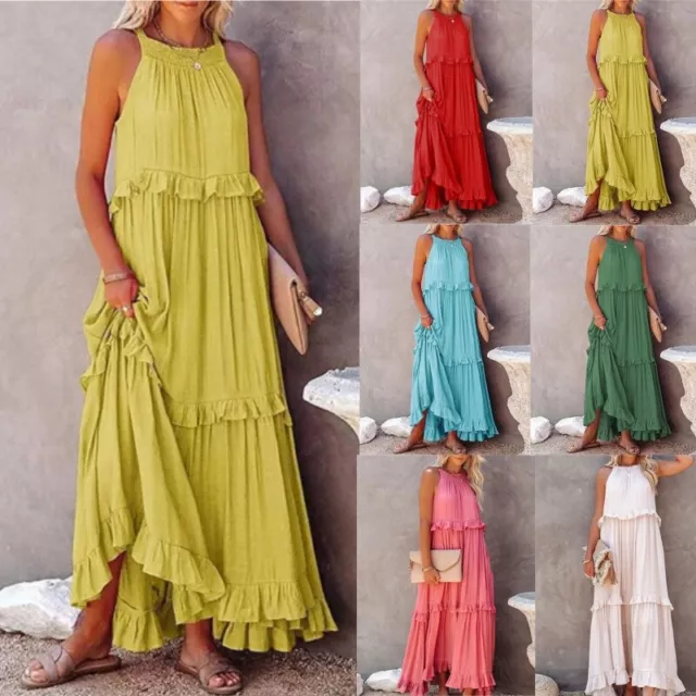 Womens Summer Camisole Ruffle Loose Long Dress Ladies Holiday Beach Casual Dress