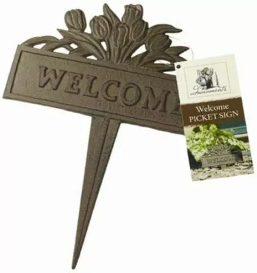 Welcome Cast Iron Picket Sign Spike Garden Patio Drive Ornament Tulip Design