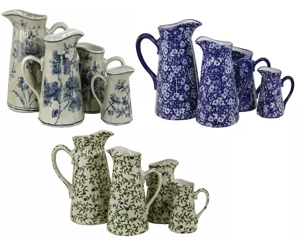 Vintage Set of 4 Ceramic Jugs Magnolia Daisies Floral Design Print Pitcher Vases