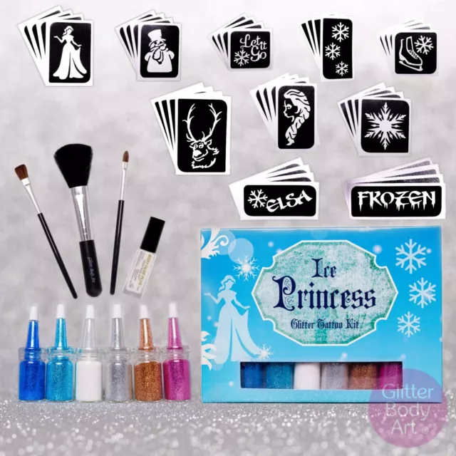 Kit de tatuajes de brillo de princesa de hielo - 40 plantillas, 6 tatuajes brillantes para niñas brillantes