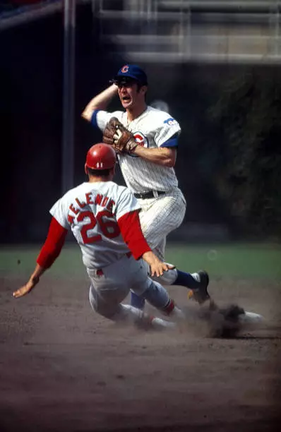 Chicago Cubs Glenn Beckert in action, turning double play vs St. L - Old Photo