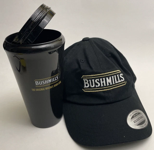 Bushmills Irish Whiskey Black Embroidered Snapback Hat Cap and plastic cup w/lid
