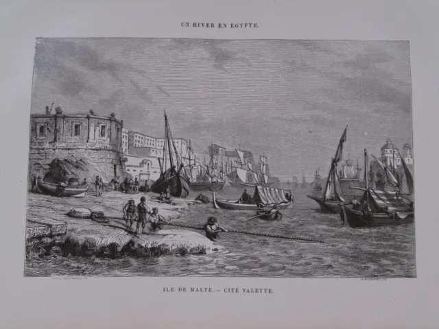 Gravure du XIXè s. Ile de Malte. Port. Cité de la Valette 1860 Girardet Gusmand