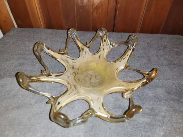 Vint. Large Studio Art Hand Blown Jellyfish Octopus Glass Bowl Light Yellow 11"