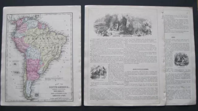 1876 Mitchell Map South America w/Original Pages of Descriptions & Engravings