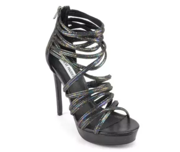 Steve Madden Tubing Platform Black Metallic Stiletto Open Toe Sandal Ankle 9 New