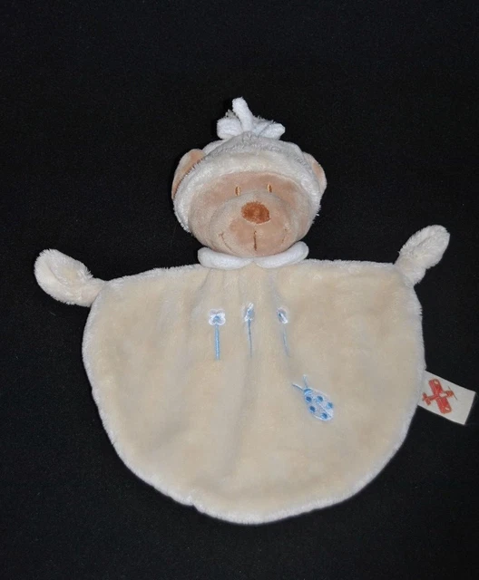 Peluche Doudou Ours Plat NICOTOY Beige Ecru Jaune Coccinelle Bleu + Fleurs