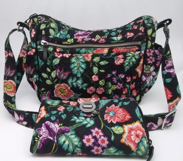Vera Bradley ON THE GO Bag Vines Floral - black floral w/ WALLET VGUC!