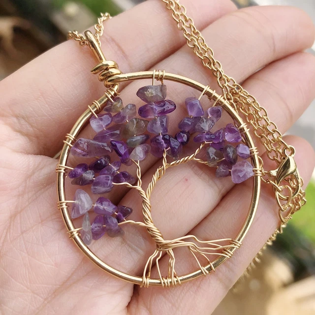 Amethyst Gem Stone Tree Of Life Water-Drop Necklace Chakra Reiki Healing Amulet