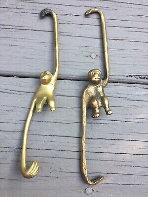 2 Vintage Solid Brass HANGING MONKEY Hooks Hangers 7.5"& 8.25" Long Early 20th C