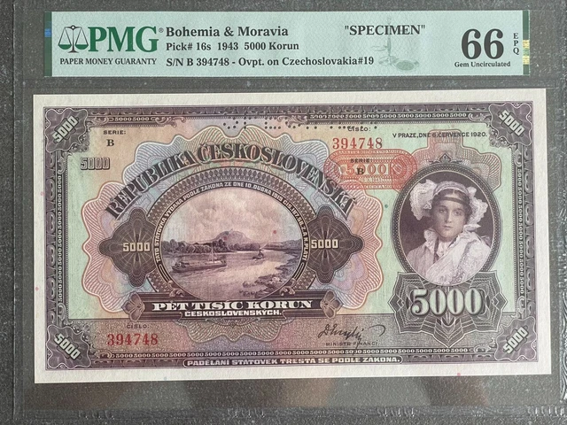 Bohemia & Moravia 5000 Korun 1943 PMG 66 Pick # 16s
