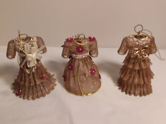 Kurt Adler Ornaments (3)  Gold Wire Mesh Victorian Dresses 5" Ht