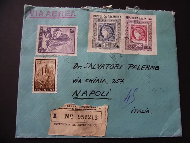 Courrier aérien décoratif Argentine lettre recommandée MiF Buenos Aires-Naples - b4765