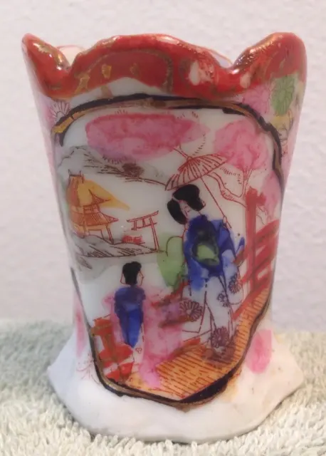 Vintage Old Japanese Hand Painted Small Vase Holder Pink Blue Lady Woman Floral