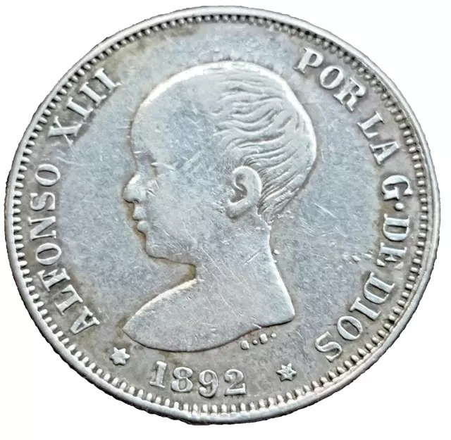 2 Pesetas - Alfonso Xiii 1892 Pgm - Plata.