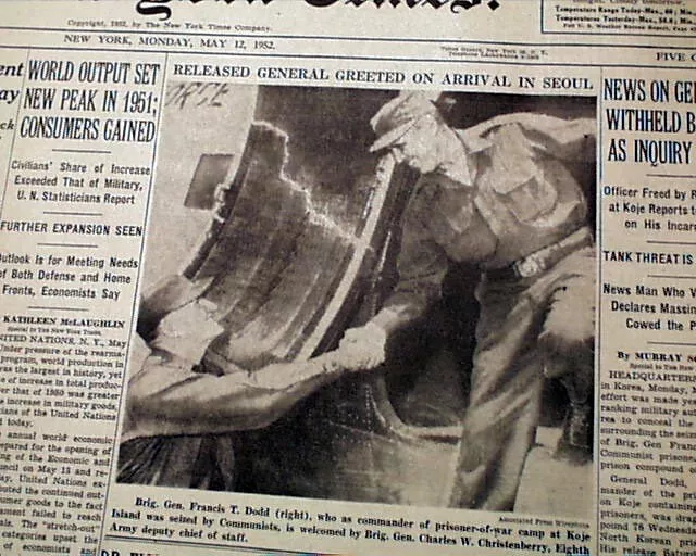 GENERAL FRANCIS DODD Korean War Hostage Geojedo RELEASE w/ Photo 1952 Newspaper