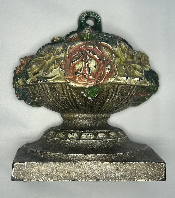 Antique Cast Iron Garden Urn Flower Doorstop ~ Original Paint
