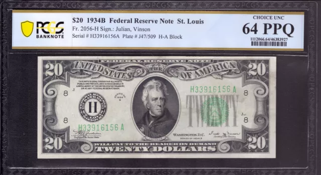 1934 B $20 Federal Reserve Note St. Louis Fr.2056-H Pcgs B Choice Unc Cu 64 Ppq