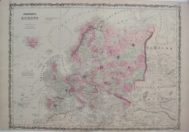 Original Color 1863 Johnson Map EUROPE Explorers Routes Compass Rose Railroads