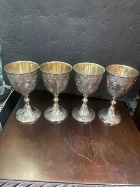 vintage ornate silverplate set 4  wine glasses goblet corbell & co floral