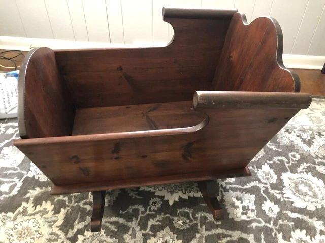 Antique Large Heavy Wooden Baby Cradle with Wood Pegs