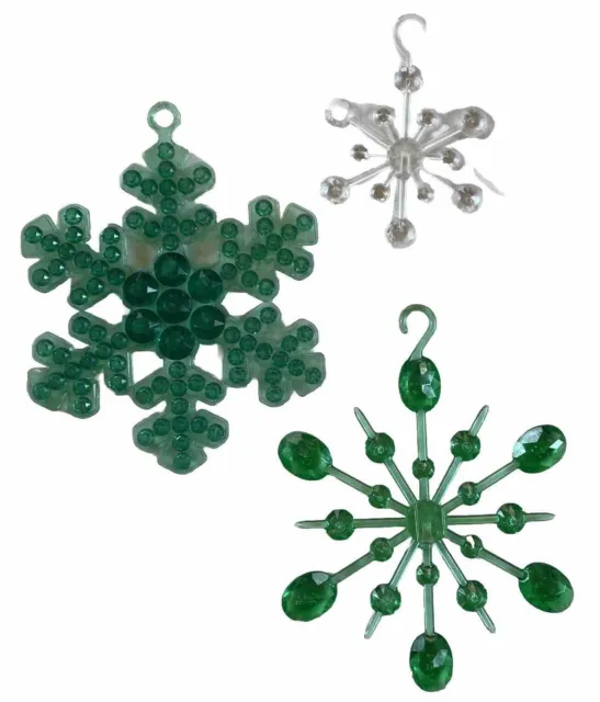 3 Vintage Hard Plastic /acrylic MCM GREEN Snowflake CHRISTMAS ORNAMENTS Atomic