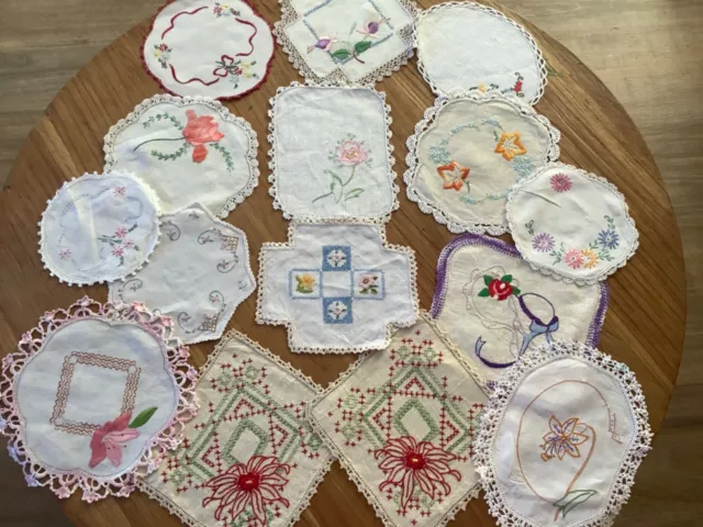 15 Vintage  hand  embroidered small Doilies