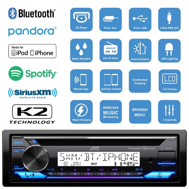 JVC KD-T92MBS Marine Boat Motorcycle Jeep Stereo wBluetooth CD USB AM/FM Radio