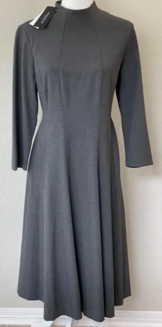 NWT $498 LAFAYETTE 148 Gray Stretch Crop Sleeve Fit & Flare Midi Dress Sz L