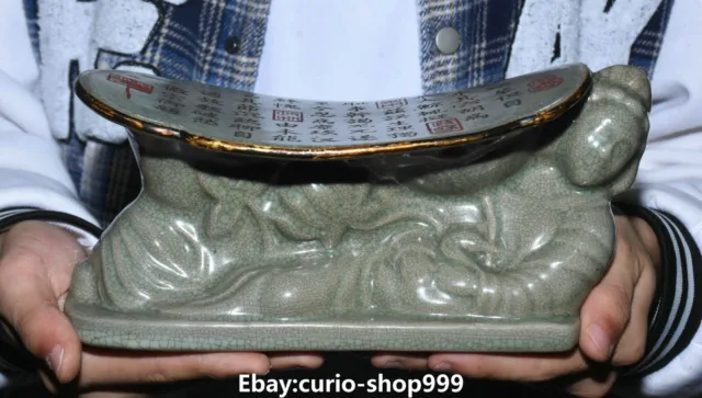 9" Old Song Dynasty Ru Kiln Porcelain Gilt Belle Girl Inscription Pillow Statue