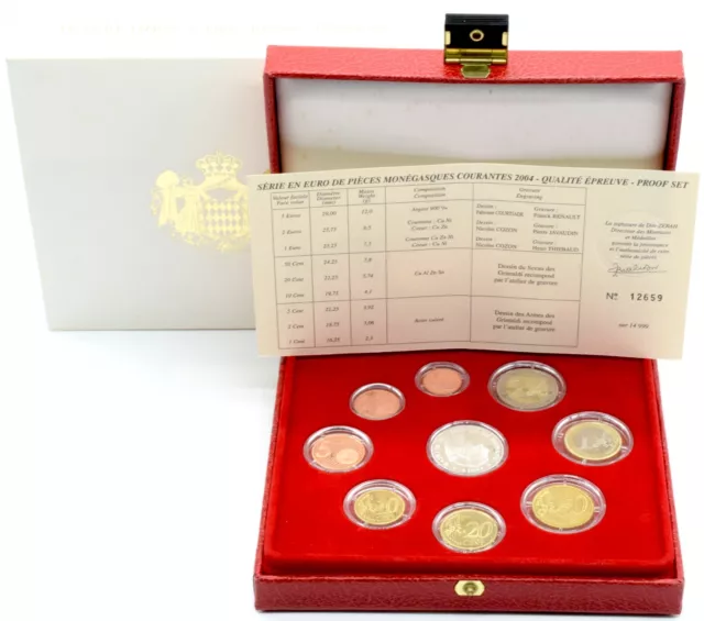 Proof Coin Set Monaco 2004 Five Euro €5 - 1c Cent Monégasque Rare BOX + COA
