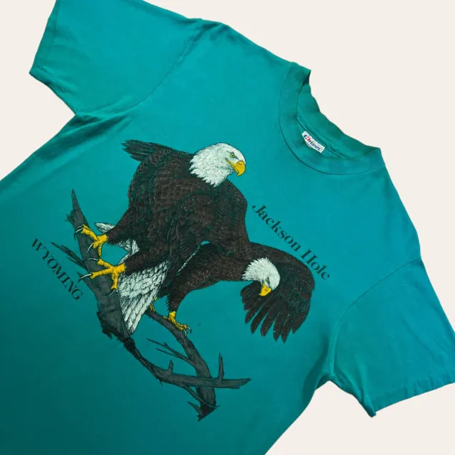 VTG USA Eagle Tshirt Mens Large/M Green Nature Tee Single Stitch Hanes 90s