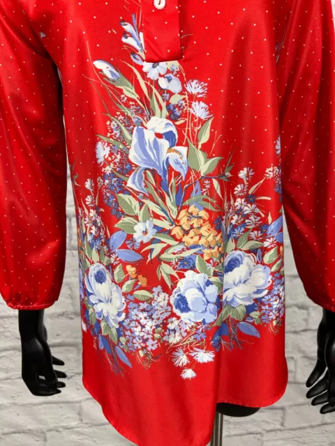 VINTAGE 70S RED Polka Dot Floral Mandarin Collar Long Sleeve Blouse Top ...