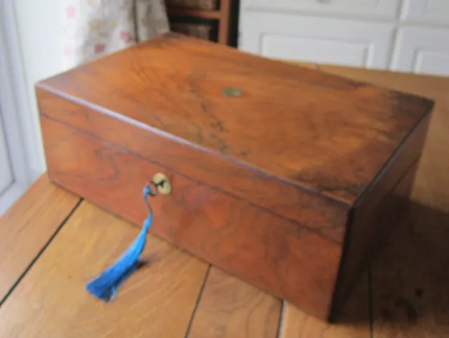 Large Antique Victorian Walnut Box with Lock & Key, Writing Slope, Storage