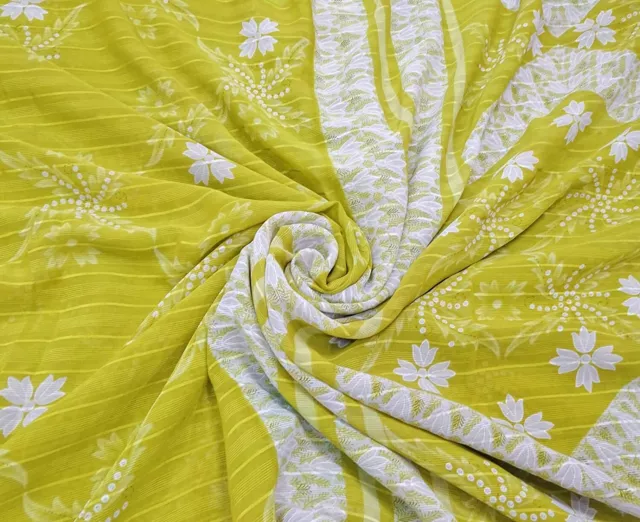 Jahrgang Grün Sari Georgette Kleid Wickeln Stoff Blumen Handwerk Saree SI22329