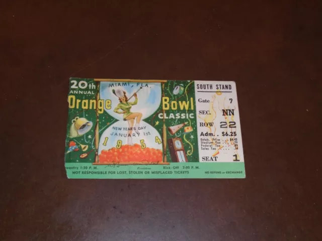 1954 Orange Bowl Football Ticket Stub Maryland Vs Oklahoma