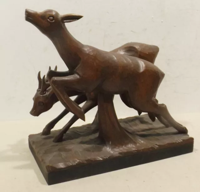 Tallado Par Ciervo sobre Base Escultura de Madera Artesanía Pieza de Colección