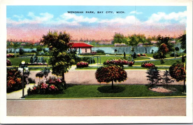Vtg Bay City Michigan MI Wenonah Park Saginaw River 1930s Linen View Postcard