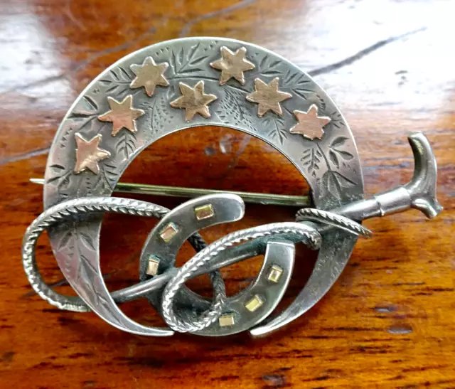 antique Victorian SILVER crescent moon gold star horse shoe whip brooch -Z95