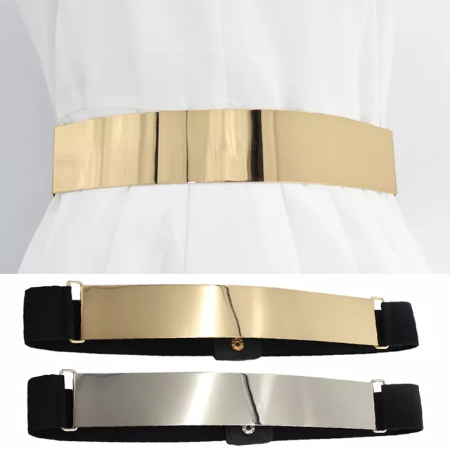 Elegant Womens Elastic Belt Waistband Gold/Silver Metal Mirror Plate Wide Belt