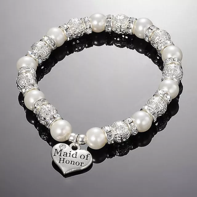White Glass Pearl & Rhinestone Heart Wedding Charm Bracelet,Choice of 10 Designs 2