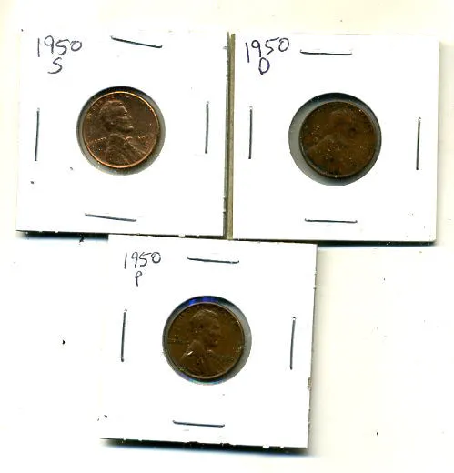 1950 P,D,S Wheat Pennies Lincoln Cents Circulated 2X2 Flips 3 Coin Pds Set#4481