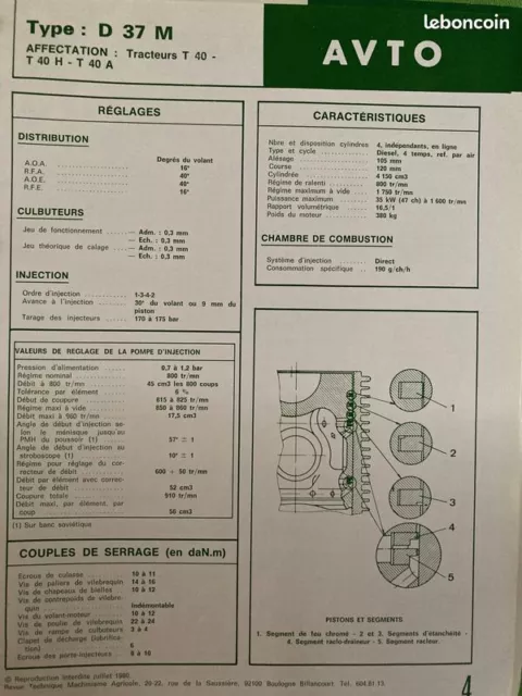 FICHE TECHNIQUE RTMA Moteur AVTO D 37 M monté sur tracteur T 40 - T 40 H - T 40