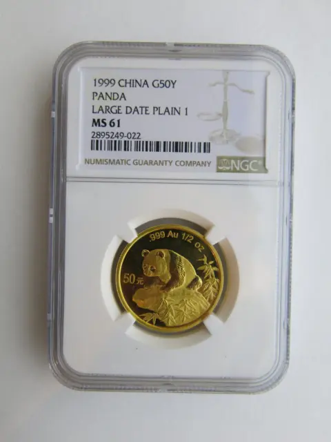 1999 1/2 oz China Gold Panda NGC MS61 Large Date 50 yuan Chinese Coin