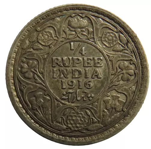 1916 King George V India Silver 1/4 Rupee Coin