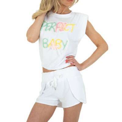 Tuta Due Pezzi Da Sera Donna Completo Pantaloncino T-Shirt Bianco Jumpsuit 8-178