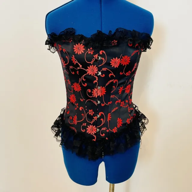 VAACODOR BONED OVERBUST Corset Size 6 Black Satin with Red Floral