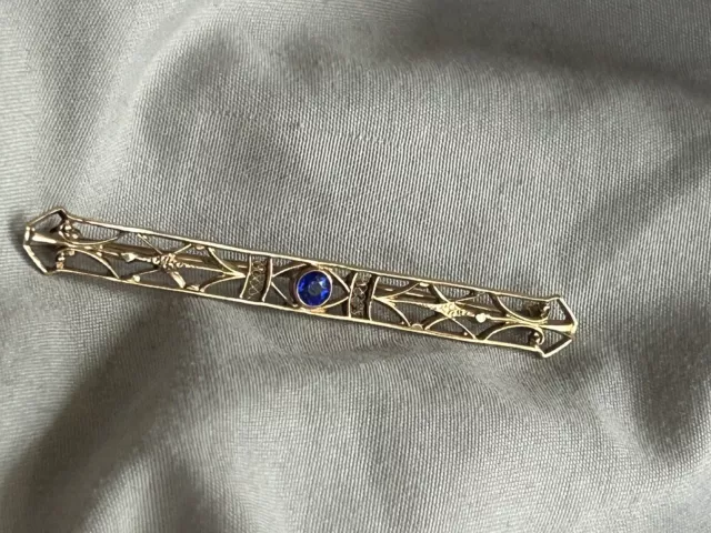 Victorian Antique 10 K Solid Gold & Sapphire Ornate Bar Pin Brooch 2”+ 2.9 Gram