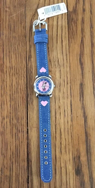 Disney Minnie Mouse Time Works Watch  Denim Band w/Hearts With Tag New Battery