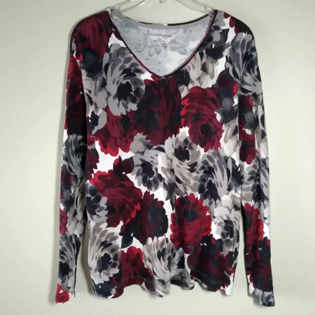 Croft & Barrow Gray/Red/Black Floral Long Slv V-Neck Classic Cotton Tee  Size XL